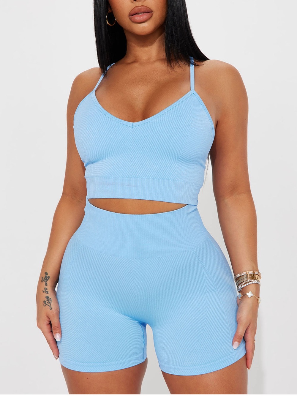 NWOT Light Blue Women's Ribbed Bralette & High-Waist Shorts Set